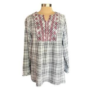 Westbound Gauzy Bohemian Popover Blouse Plaid Embroidered Womens Sz 1X Casual